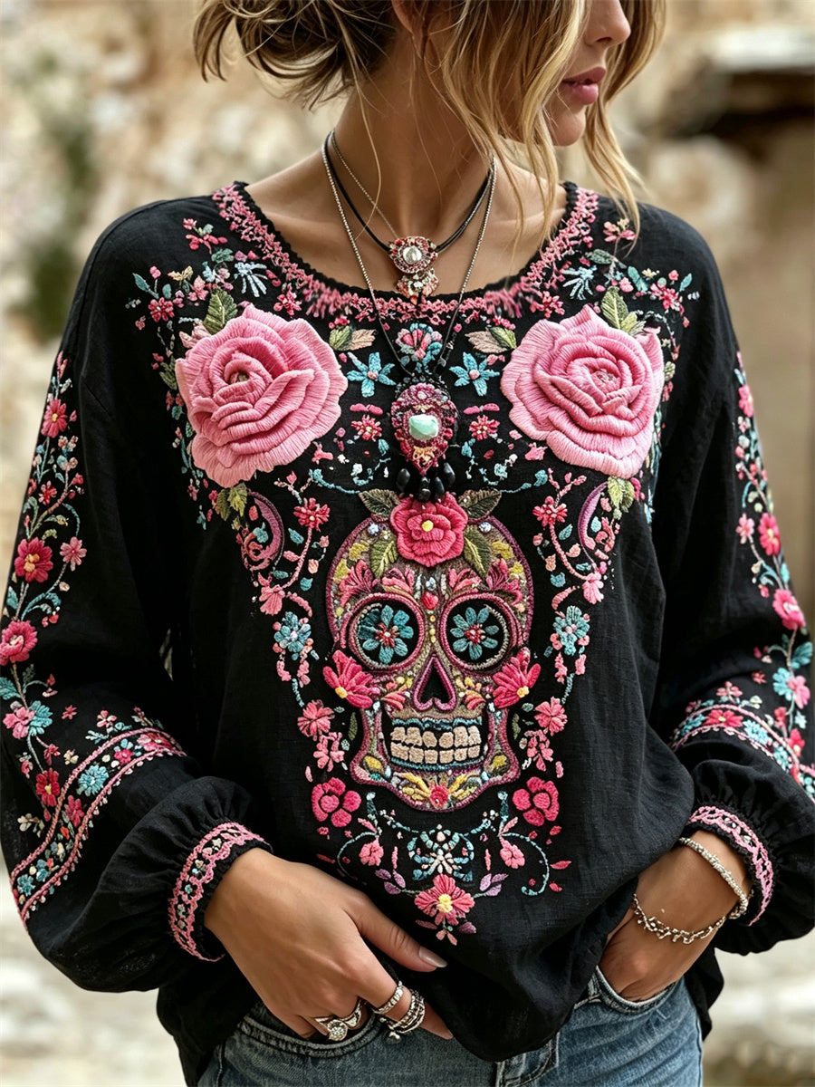 Día de la mujer de los muertos de azúcar calavera rosas de color rosa mexicano estampado floral algodón-camisa de lino