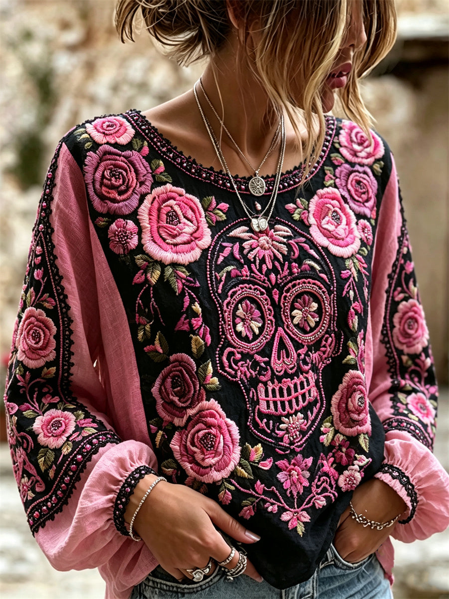 Camisa de algodón-lino con estampado floral mexicano de calavera de azúcar y rosas rosadas para el Día de Muertos de la mujer