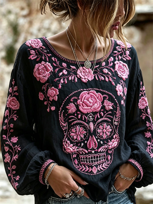 Camisa de algodón-lino con estampado floral mexicano de calavera de azúcar y rosas rosadas para el Día de Muertos de la mujer