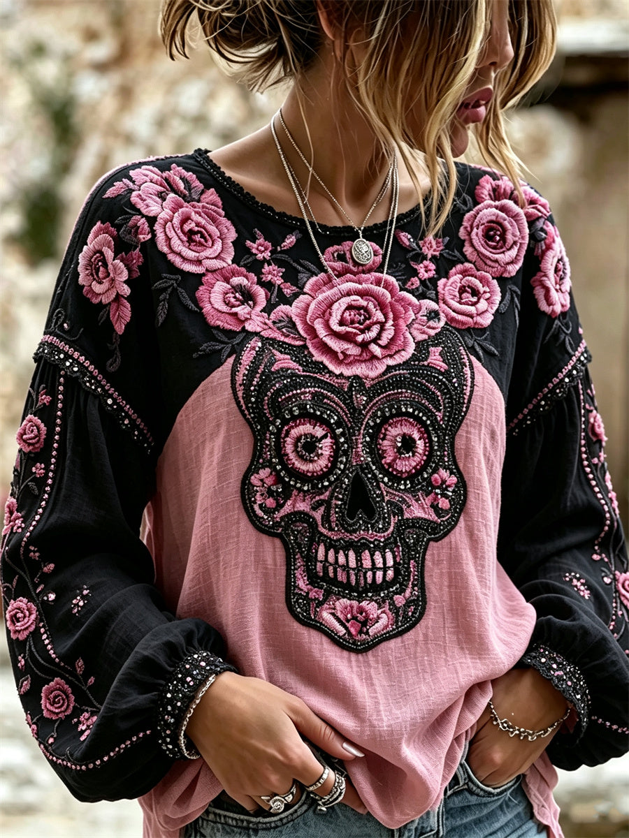 Camisa de algodón-lino con estampado floral mexicano de calavera de azúcar y rosas rosadas para el Día de Muertos de la mujer