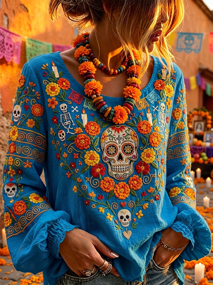 Camisa mexicana de lino de algodón con estampado floral de calavera de azúcar muerta para mujer