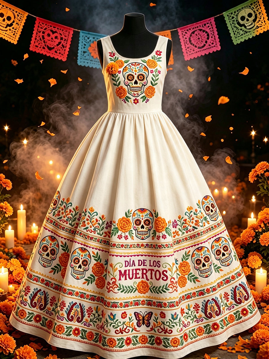Vestido largo con estampado floral mexicano de calavera azucarada del Día de Muertos para mujer