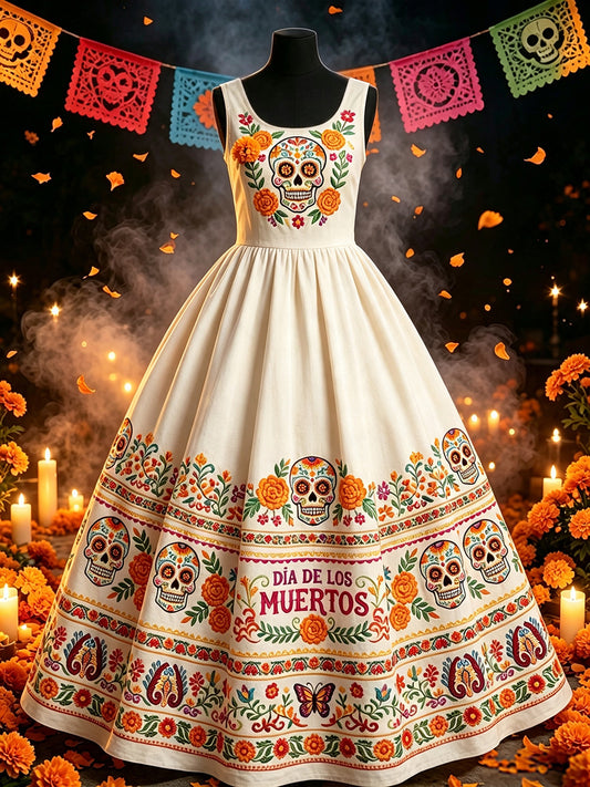 Vestido largo con estampado floral mexicano de calavera azucarada del Día de Muertos para mujer