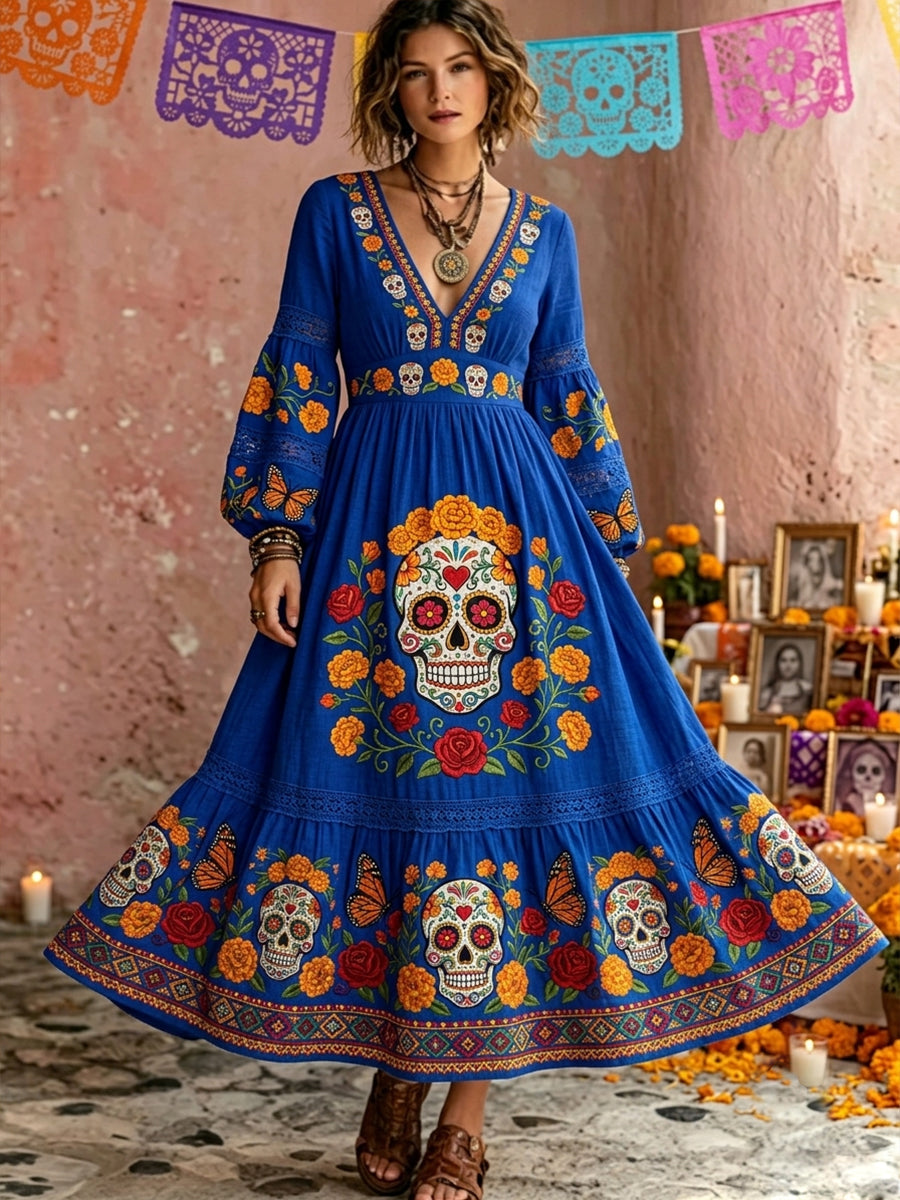 Vestido largo de manga larga con estampado floral mexicano de calavera de azúcar del Día de Muertos para mujer