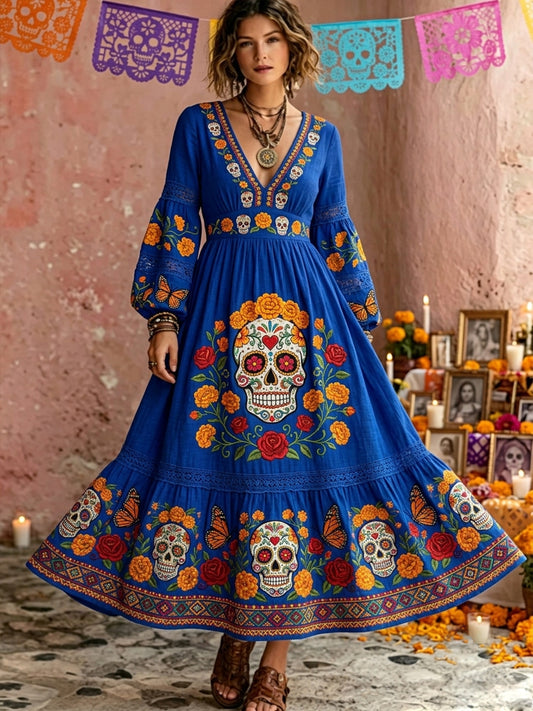 Vestido largo de manga larga con estampado floral mexicano de calavera de azúcar del Día de Muertos para mujer