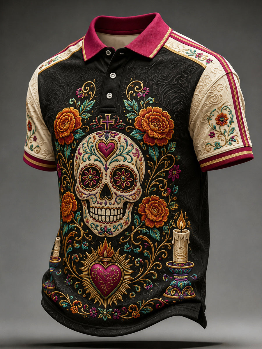 Top de golf casual de estilo bordado de cráneo vintage