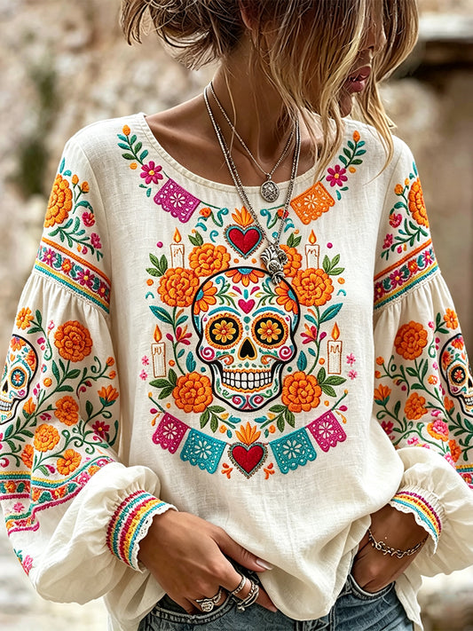 Camisa de algodón-lino con estampado floral mexicano de calavera de azúcar del Día de Muertos para mujer