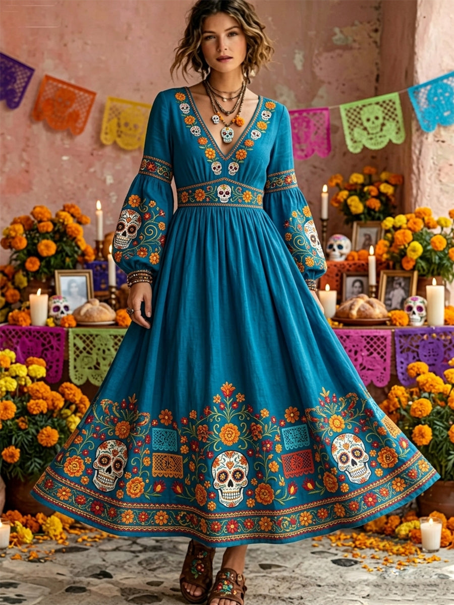 Vestido maxi de manga larga con estampado floral mexicano de cráneo de azúcar muerto para mujer