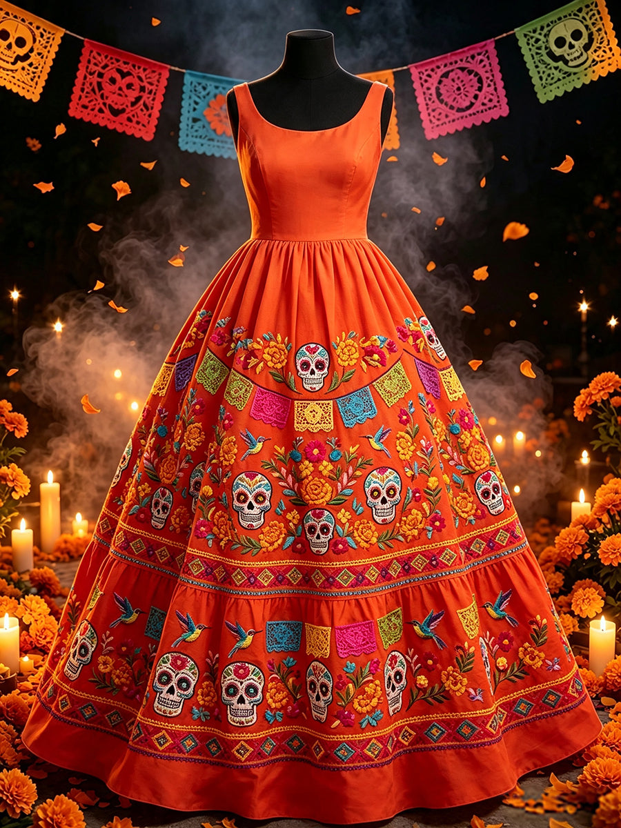 Vestido largo con estampado floral mexicano de calavera azucarada del Día de Muertos para mujer
