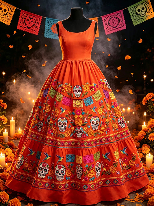 Vestido largo con estampado floral mexicano de calavera azucarada del Día de Muertos para mujer