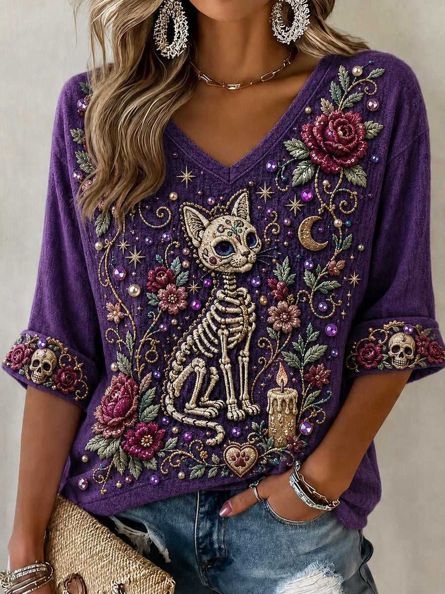 Camiseta Retro Animal, Cráneo y Floral Día de los Muertos para Mujer