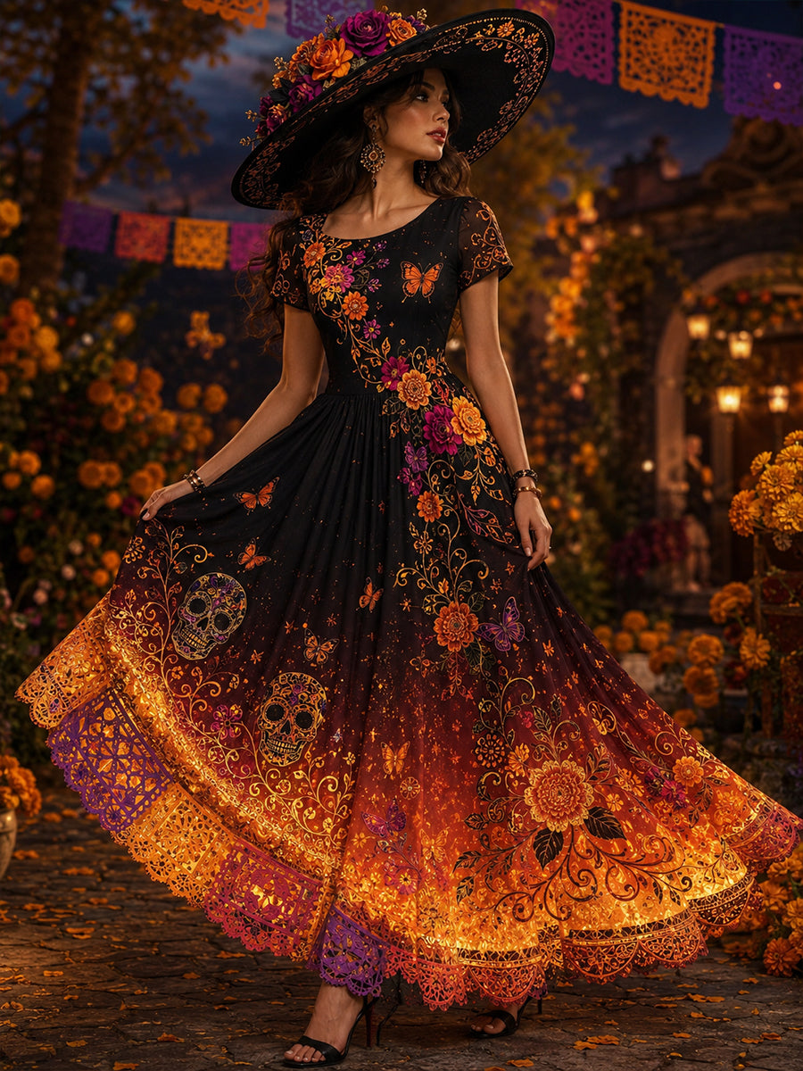 Vestido estampado con arte temático del Día de Muertos mexicano para mujer