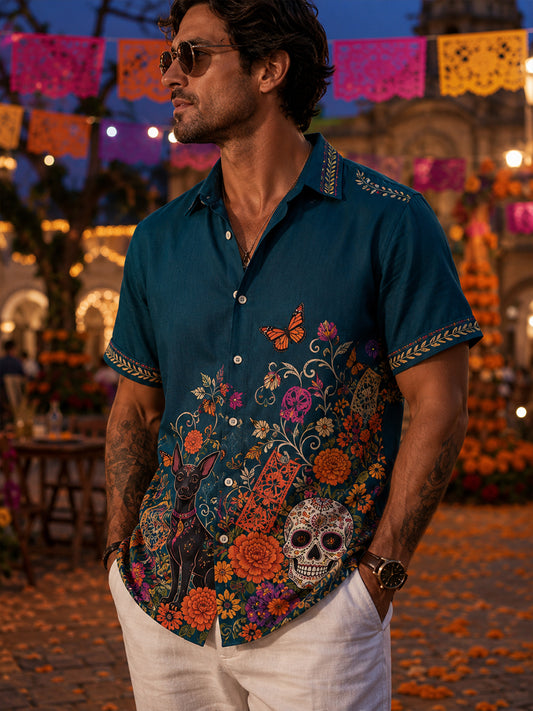 Camisa estampada para hombre con diseño temático del Día de los Muertos mexicano