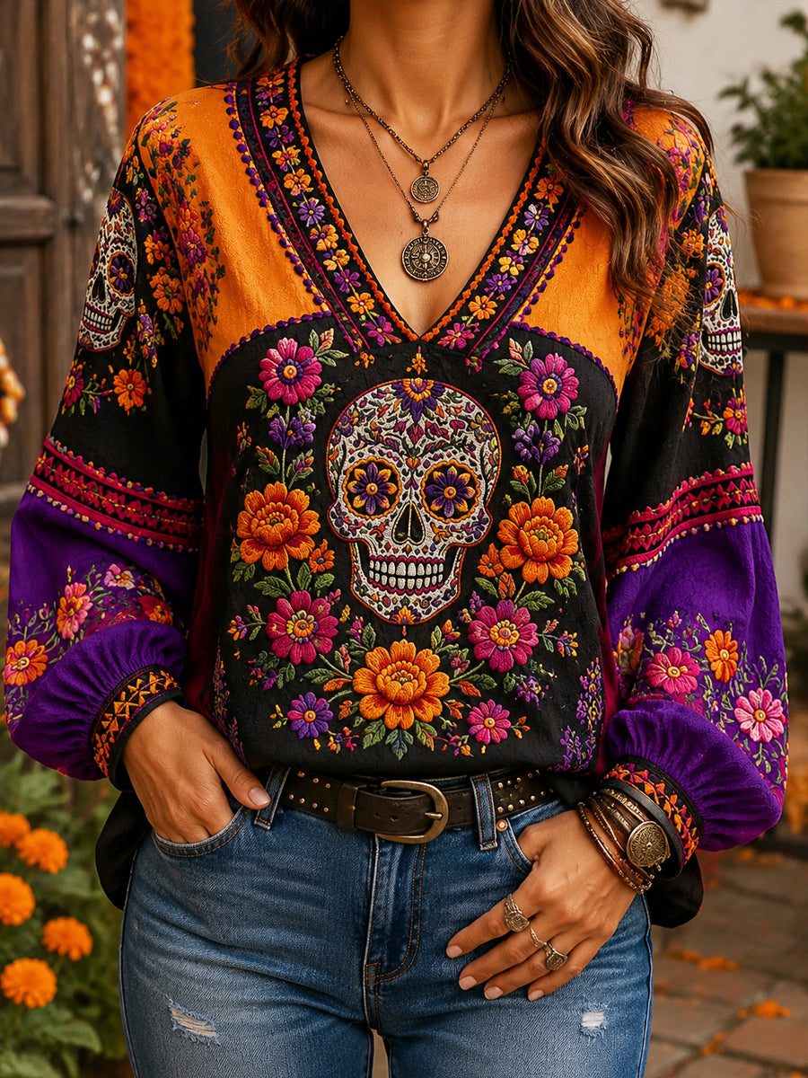 Vintage Day of the Dead Sugar Skull Marigold Art Top de cuello en V