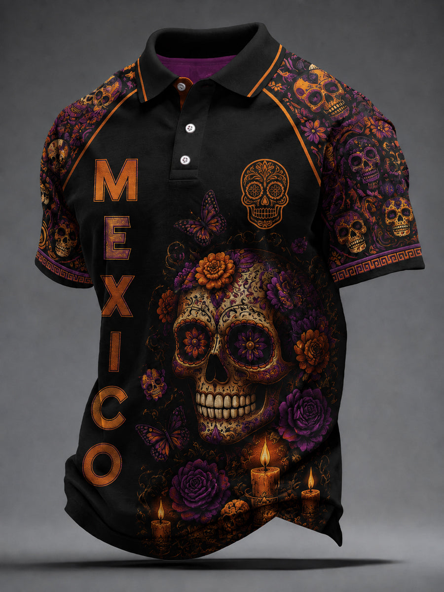 Vintage Day of the Dead Sugar Skull Patchwork Casual Polo Camisa