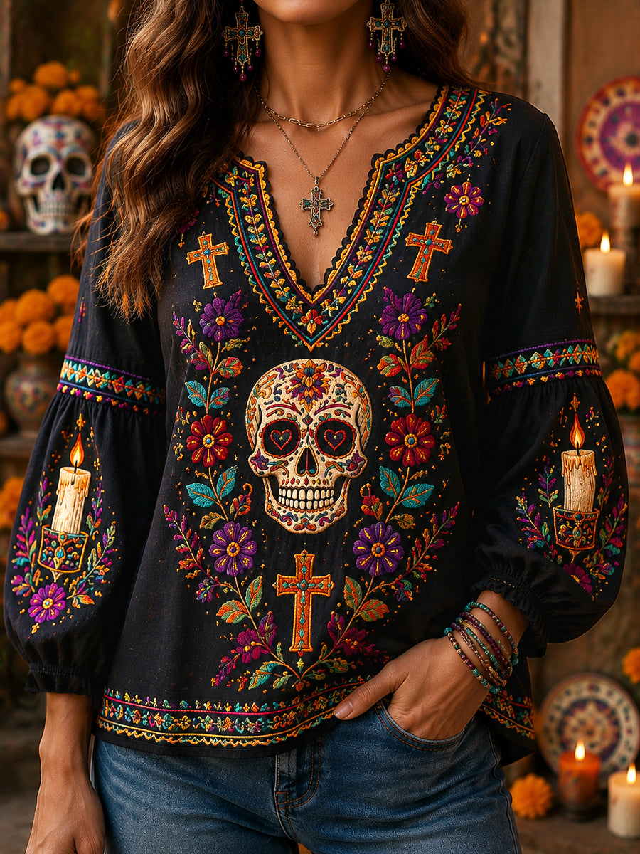 Top con cuello en V para mujer Vintage Day of the Dead Sugar Skull Floral Art