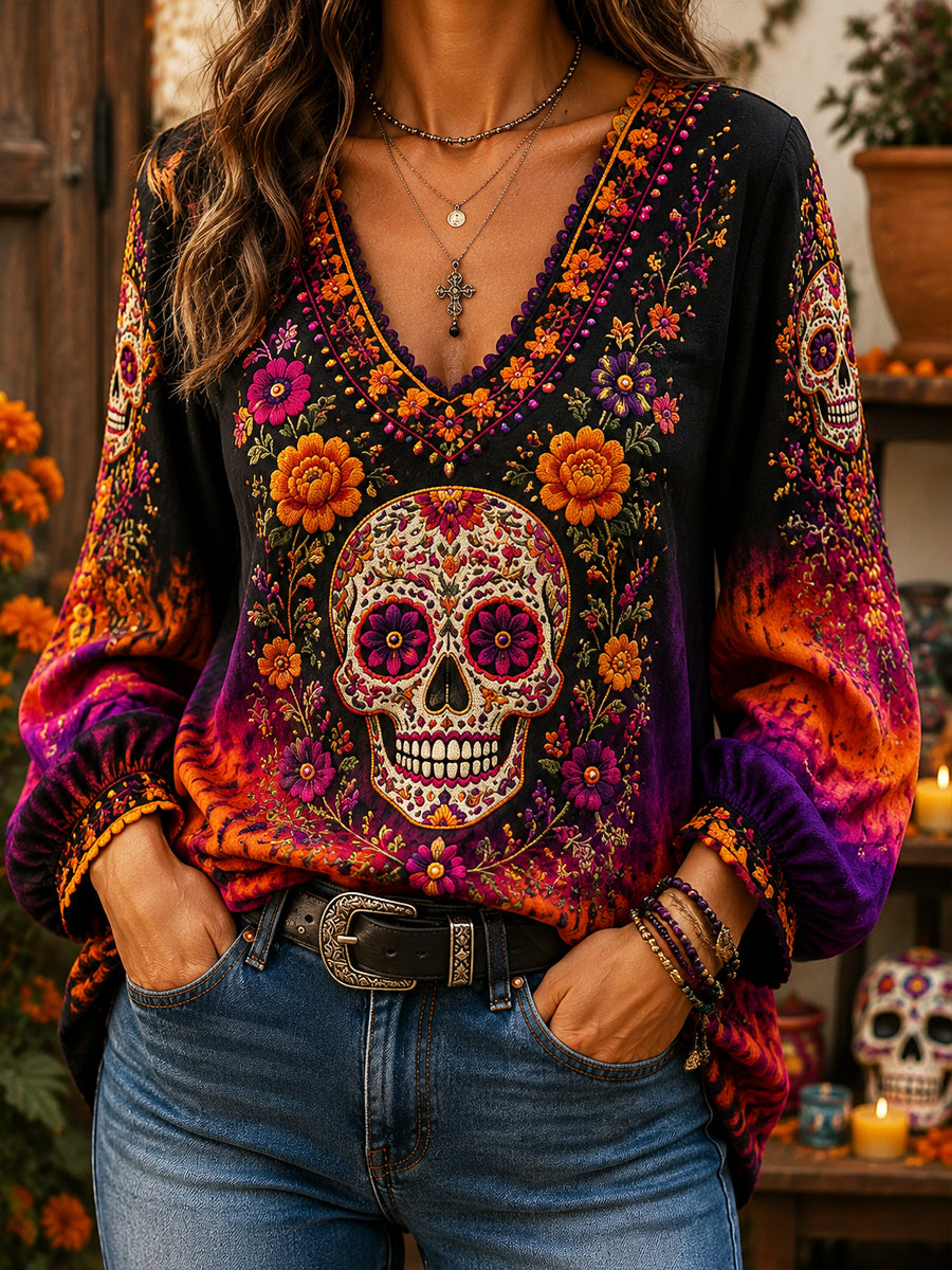 Vintage Day of the Dead Sugar Skull Gradient Art Top de cuello en V