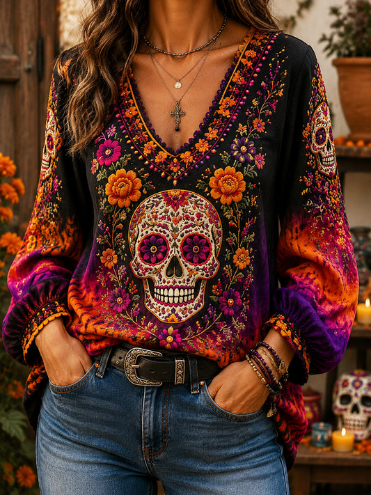 Vintage Day of the Dead Sugar Skull Gradient Art Top de cuello en V
