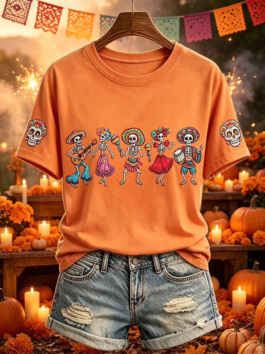 Camiseta de manga corta con estampado de esqueletos bailando del día de los muertos para mujer