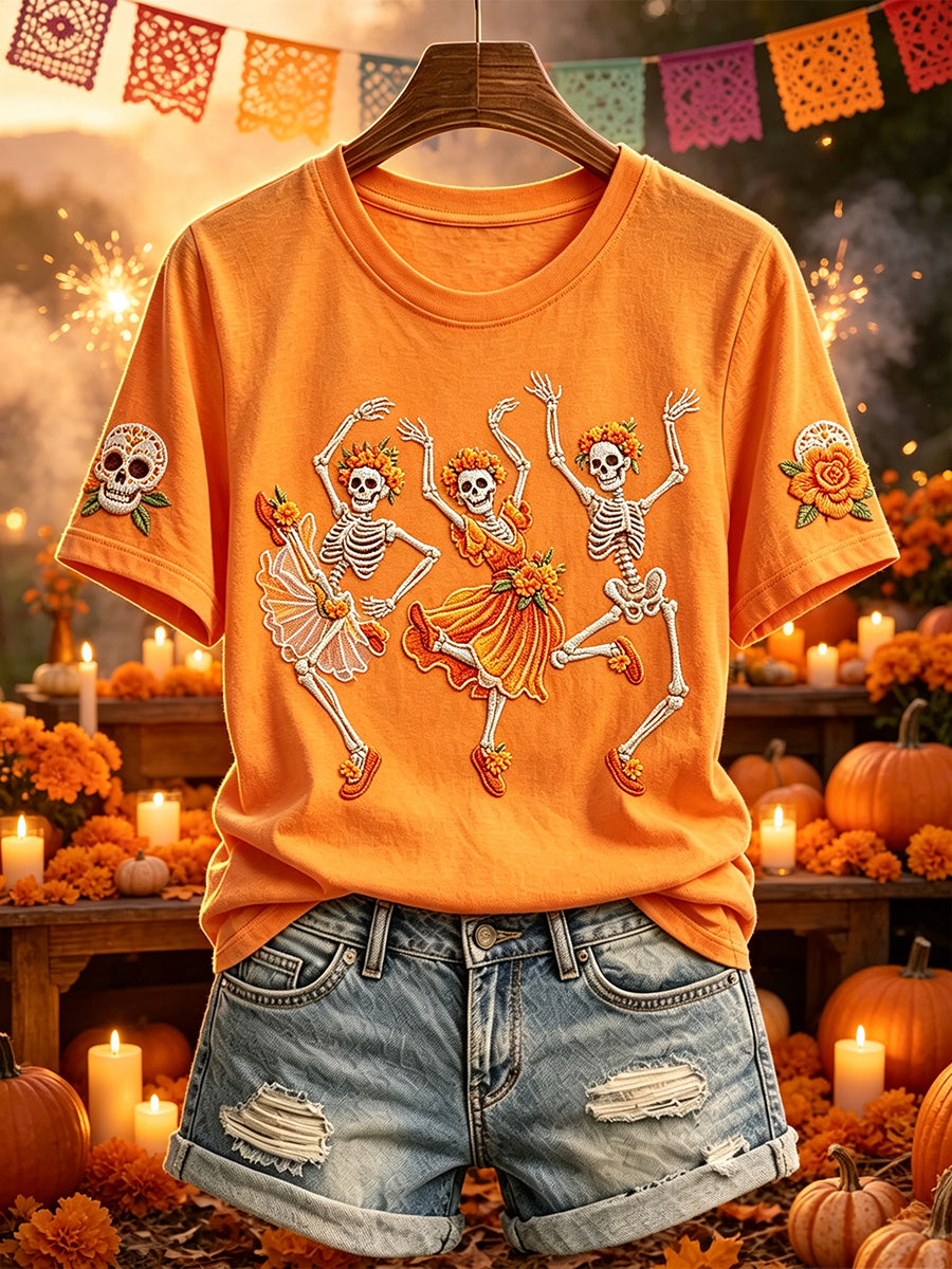 Camiseta de manga corta con estampado de esqueletos bailarines del Día de Muertos para mujer