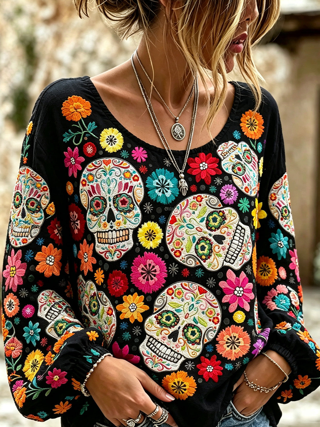 Camisa casual de algodón y lino para mujer, estampada con diseño de calavera y flores vegetales