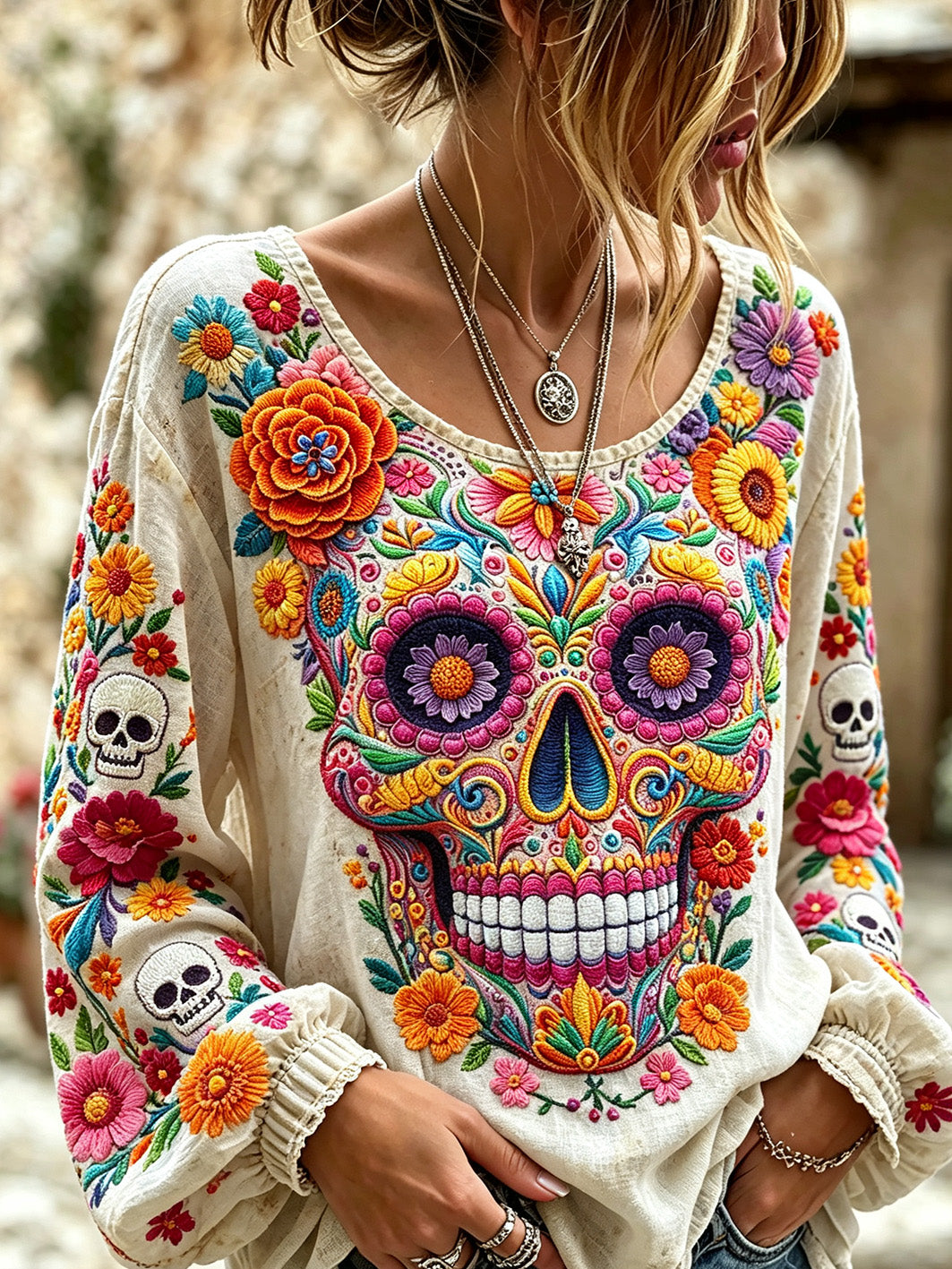 Camisa casual de algodón y lino para mujer, estampada con diseño de calavera y flores vegetales
