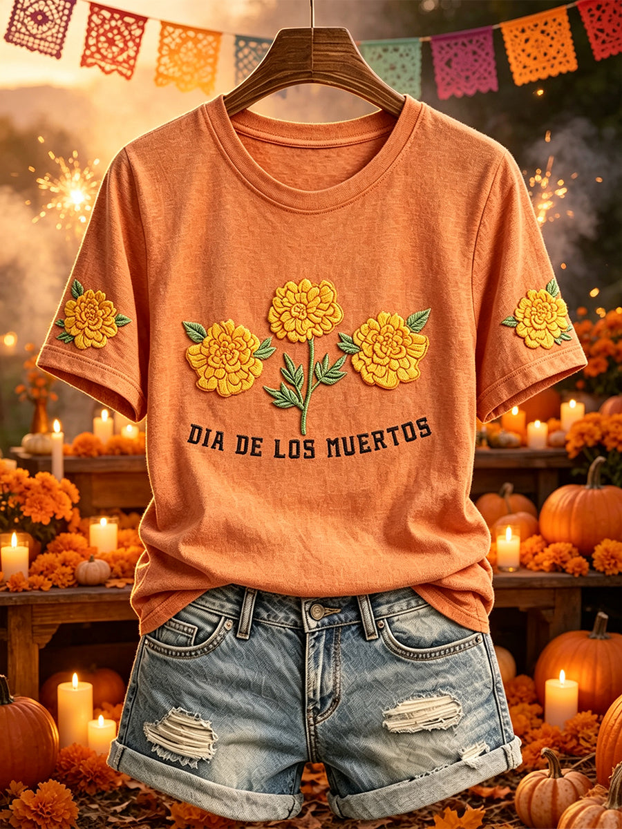 Camiseta de manga corta mexicana con estampado retro del día de los muertos para mujer