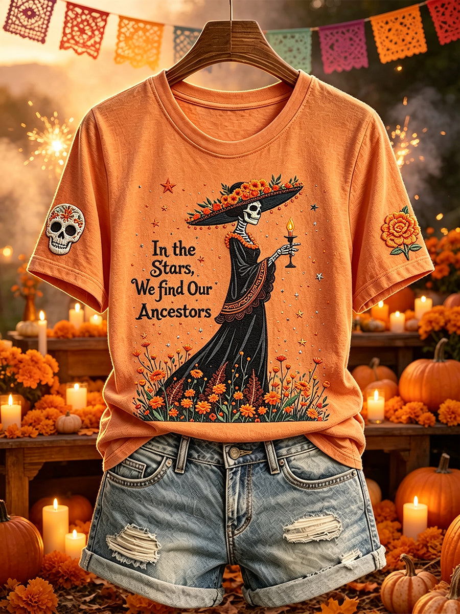 Camiseta de manga corta con estampado de día de los muertos ancestros en las estrellas para mujer