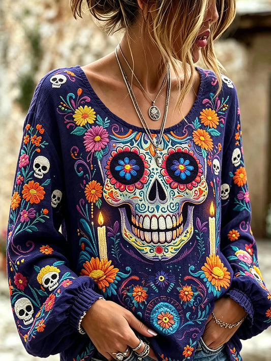 Camisa casual de algodón y lino para mujer, estampada con diseño de calavera y flores vegetales