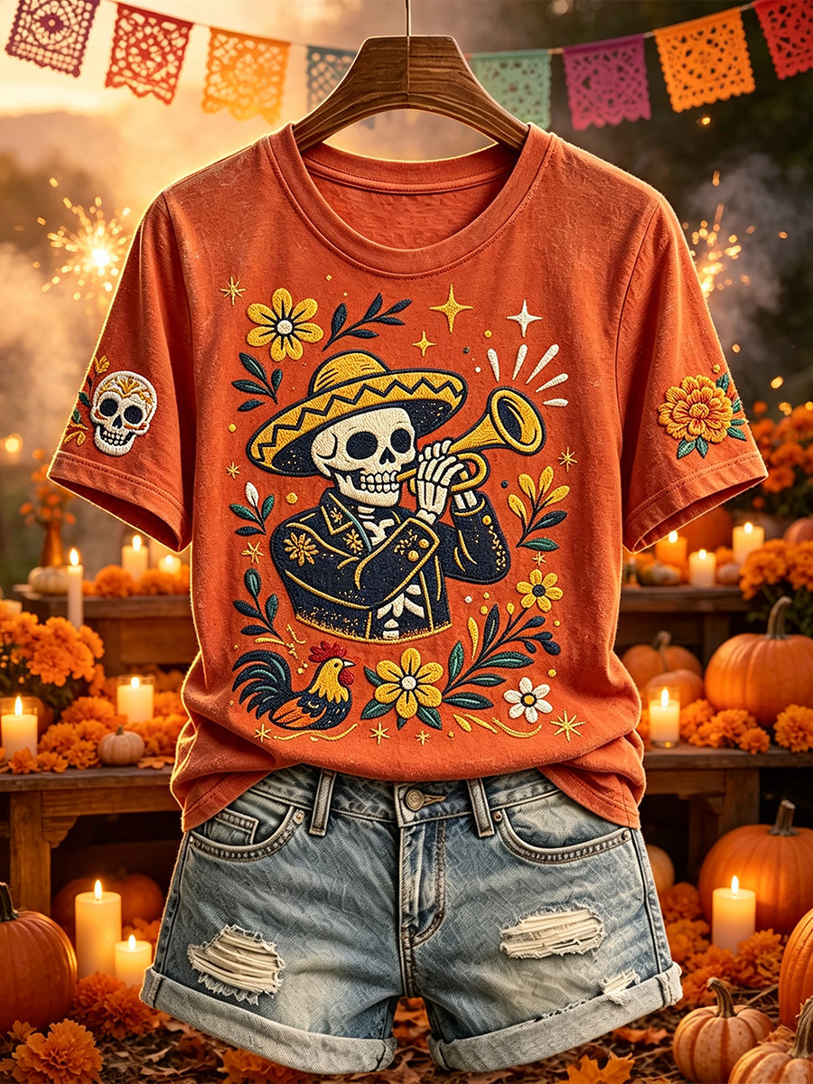 Camiseta de manga corta Skeleton Mariachi Trumpet Día de los Muertos Folk Art Print para mujer