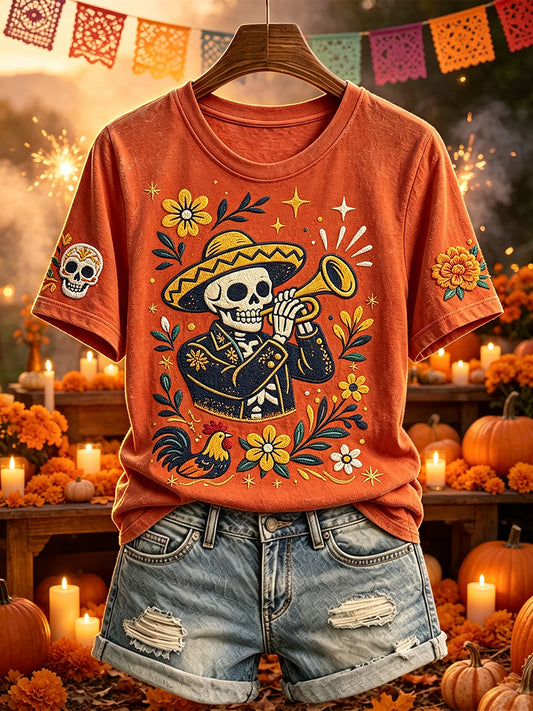 Camiseta de manga corta Skeleton Mariachi Trumpet Día de los Muertos Folk Art Print para mujer