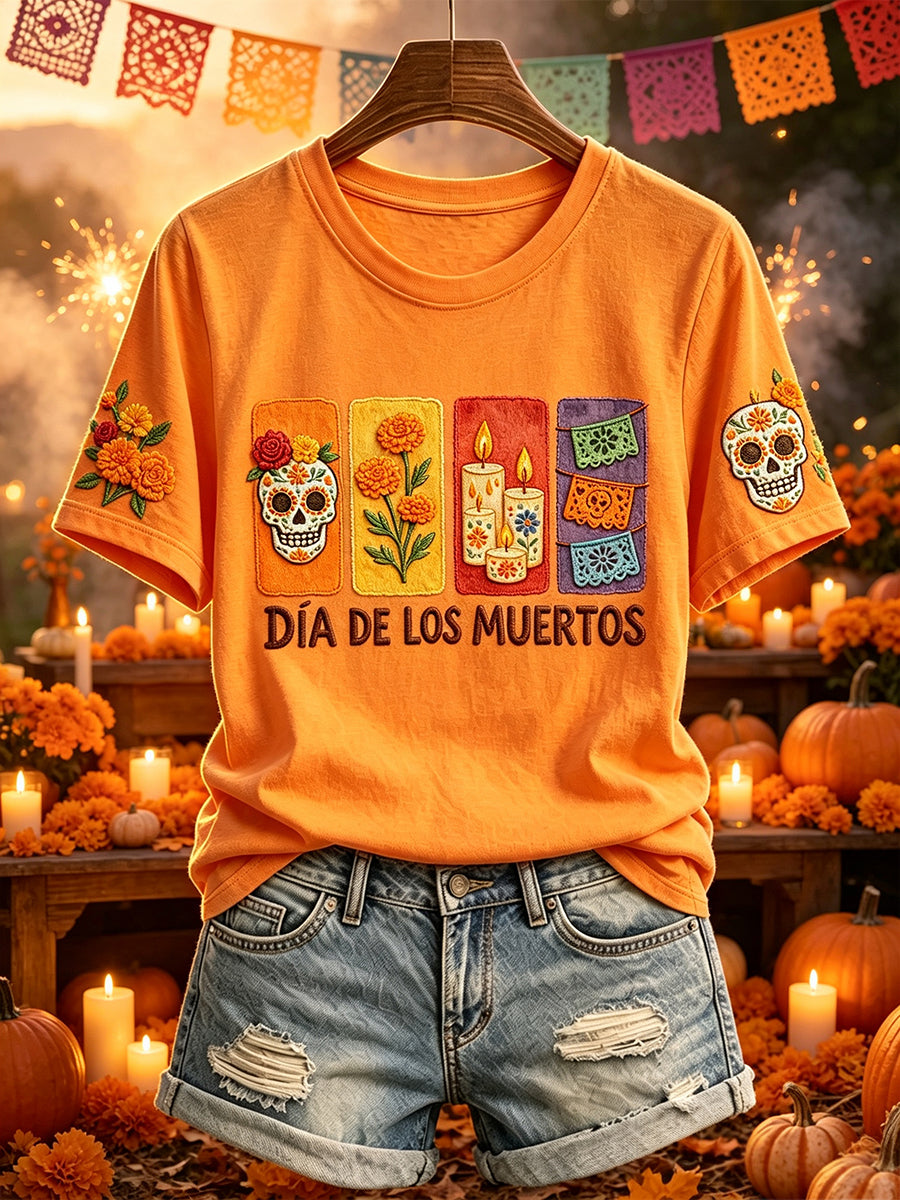 Camiseta de manga corta estampada floral mexicana del día de los muertos de las mujeres