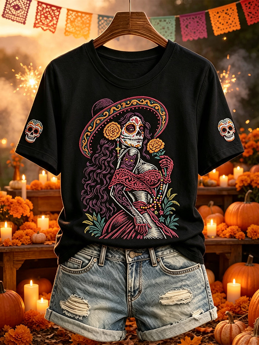 Camiseta de manga corta con estampado de mujer del día de los muertos del cráneo