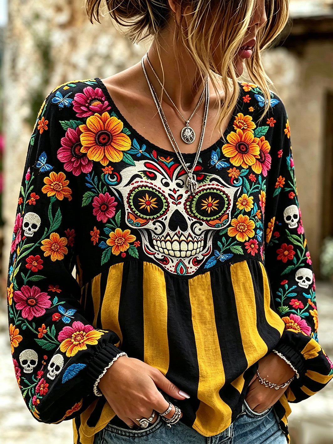 Camisa casual de algodón y lino para mujer, estampada con diseño de calavera y flores vegetales