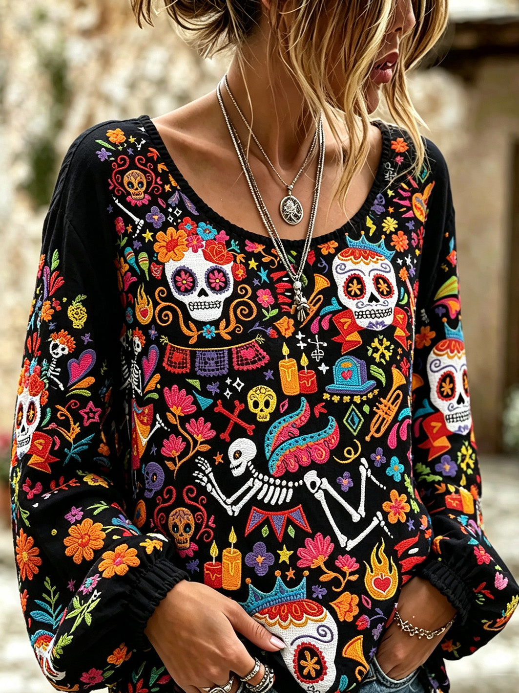Camisa casual de algodón y lino para mujer, estampada con diseño de calavera y flores vegetales