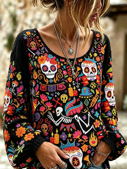 Camisa casual de algodón y lino para mujer, estampada con diseño de calavera y flores vegetales