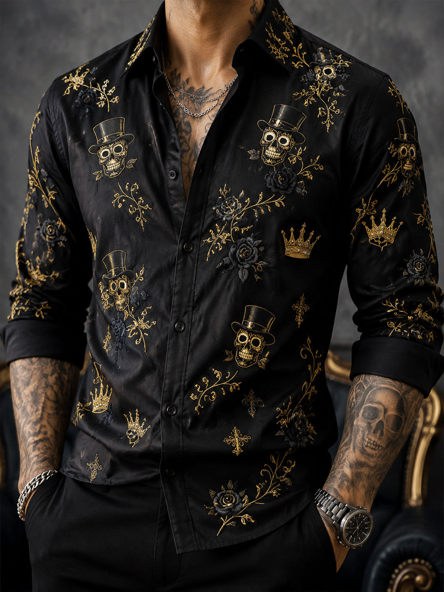 Camisa de negocios premium floral esqueleto del día de los muertos del caballero