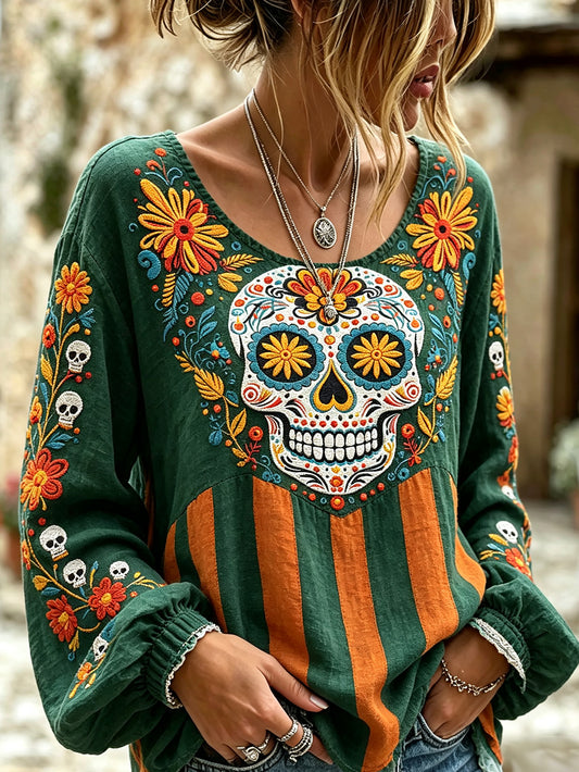 Camisa casual de algodón y lino para mujer, estampada con diseño de calavera y flores vegetales