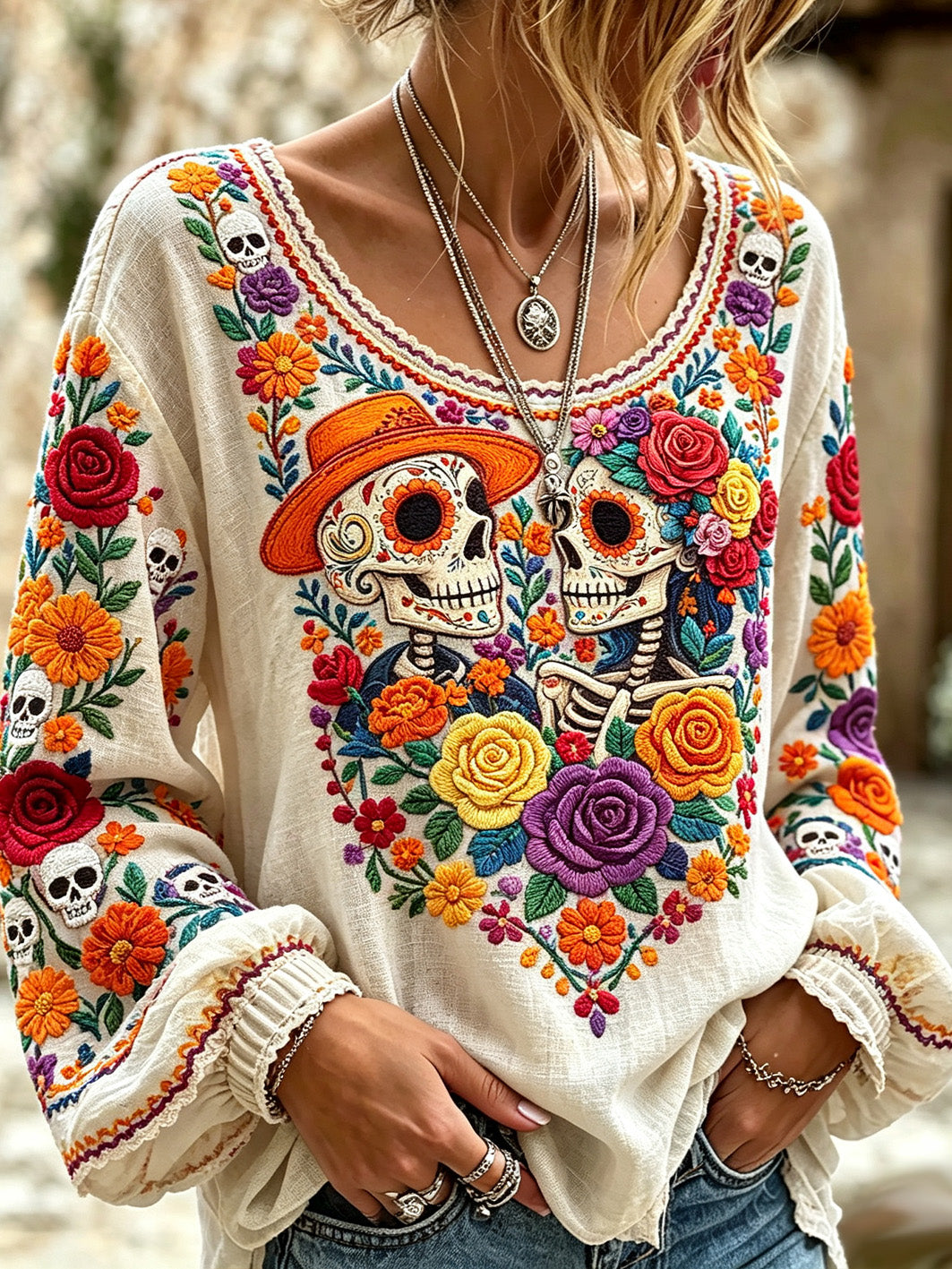 Camisa casual de algodón y lino para mujer, estampada con diseño de calavera y flores vegetales