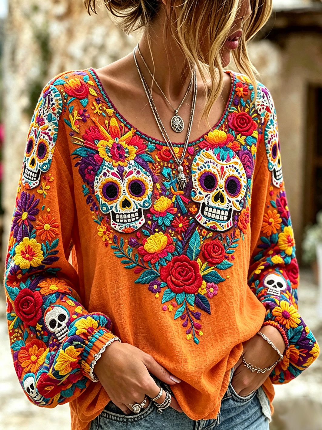 Camisa casual de algodón y lino para mujer, estampada con diseño de calavera y flores vegetales