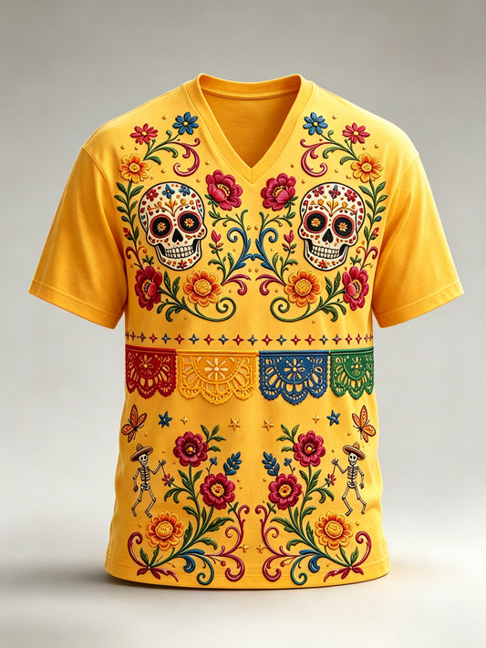 Camiseta con estampado artístico de elementos culturales mexicanos del Día de los Muertos para hombre