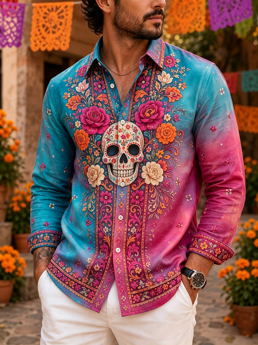 Camisa de manga larga con estampado artístico de elementos culturales del Día de los Muertos mexicano para hombre