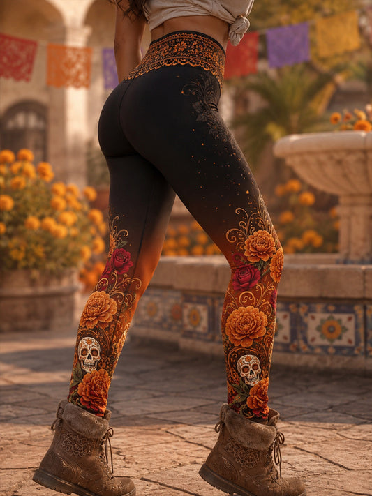 Mallas con estampado artístico de elementos culturales mexicanos del Día de Muertos para mujer