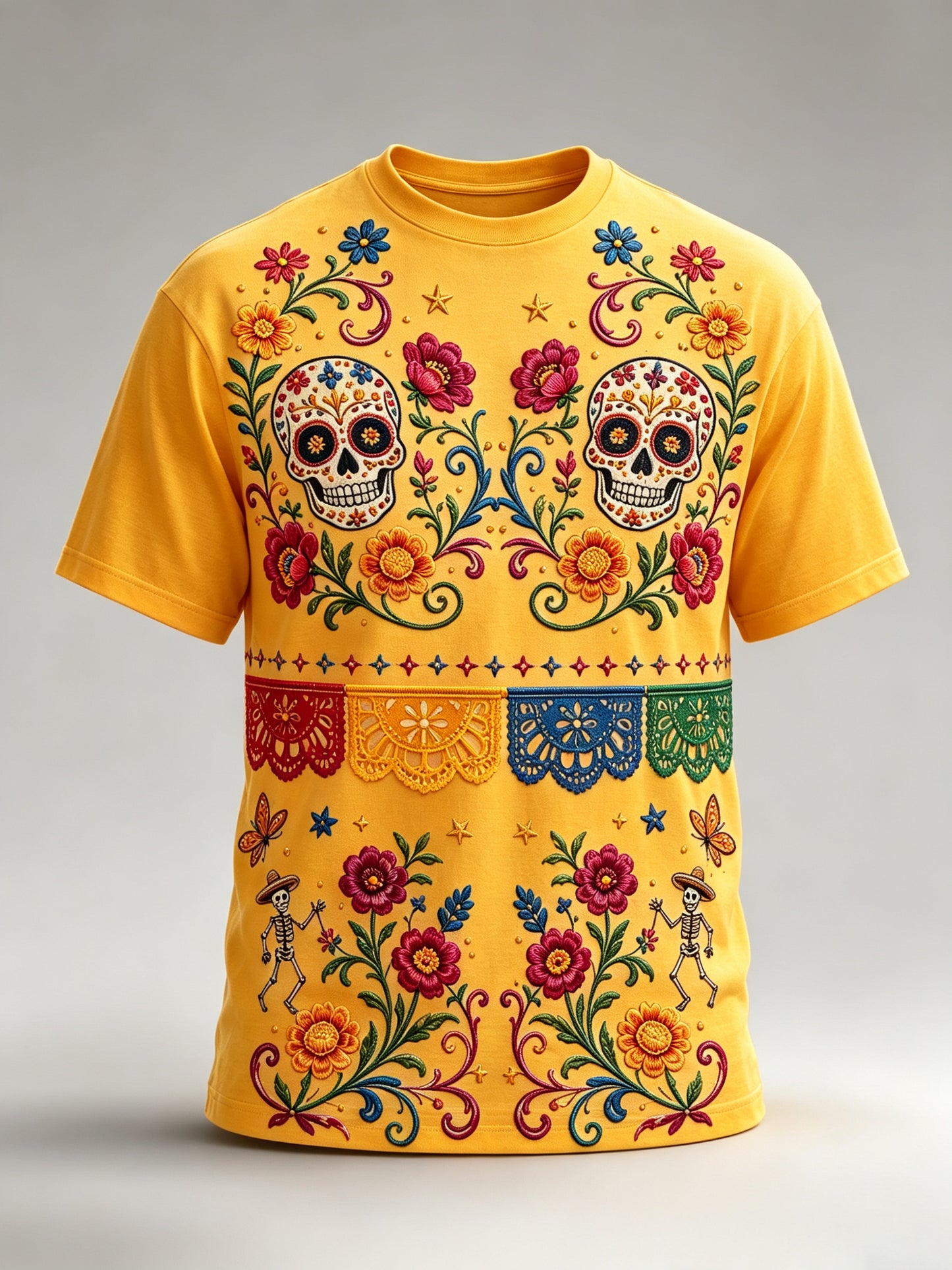 Camiseta con estampado artístico de elementos culturales mexicanos del día de los muertos para hombre