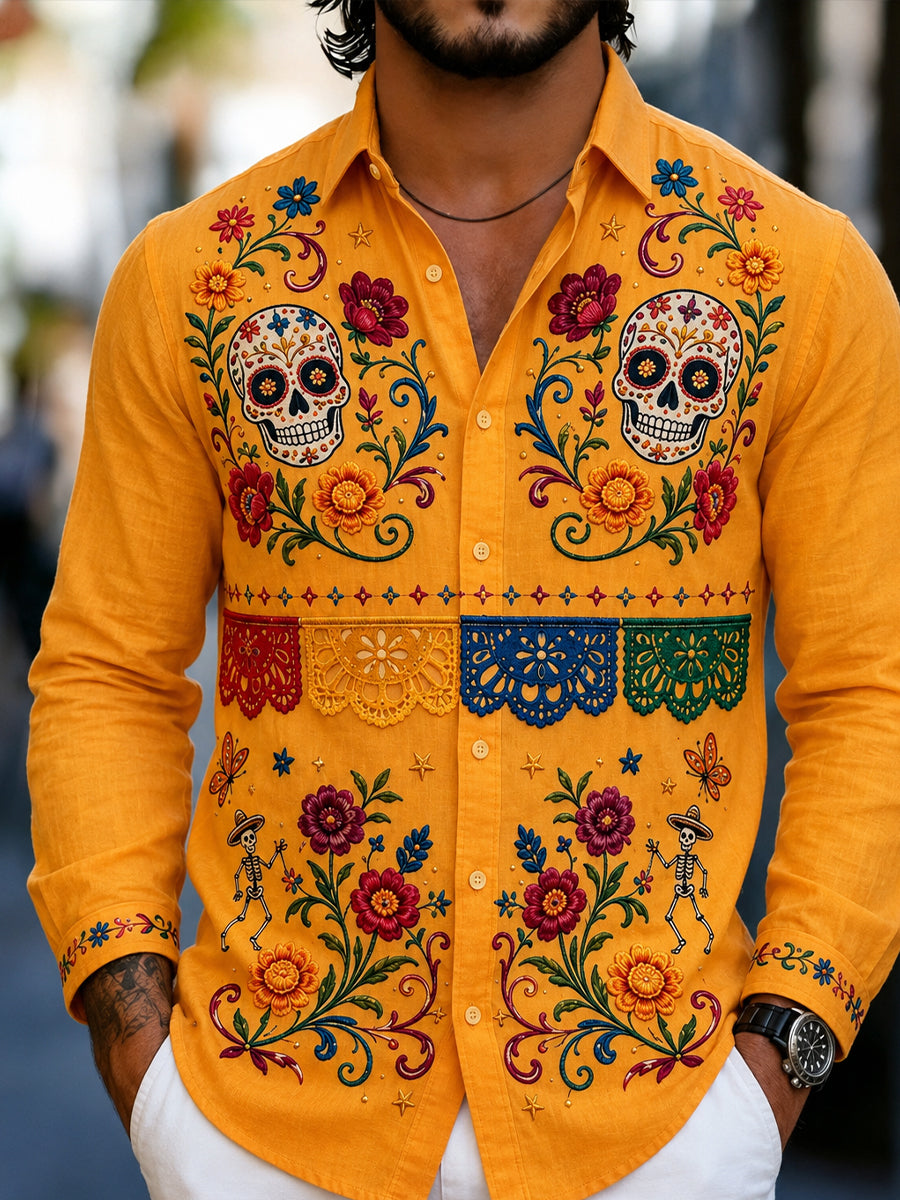 Camisa de manga larga con estampado artístico de elementos culturales del Día de los Muertos mexicano para hombre