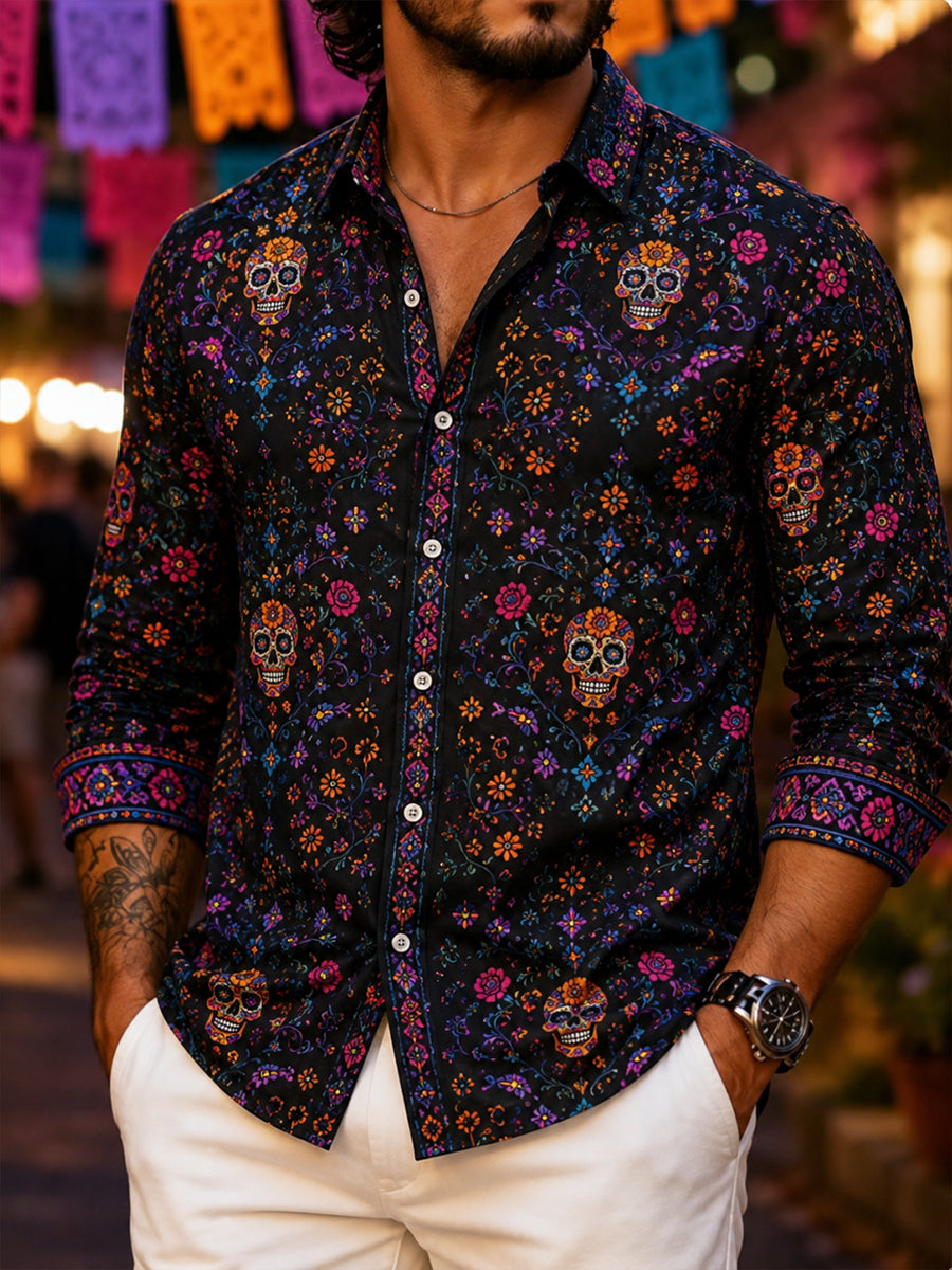 Camisa de manga larga con estampado de arte de elementos culturales del festival mexicano del día de los muertos de los hombres
