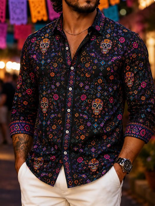 Camisa de manga larga con estampado de arte de elementos culturales del festival mexicano del día de los muertos de los hombres