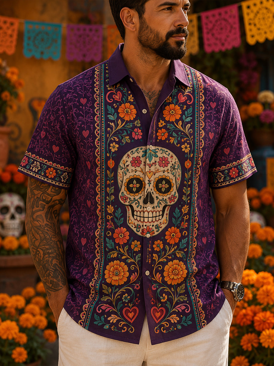 Camiseta de manga corta con estampado artístico de elementos culturales mexicanos del Día de los Muertos para hombre