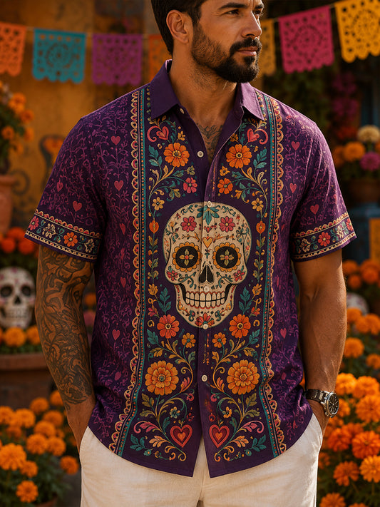 Camiseta de manga corta con estampado artístico de elementos culturales mexicanos del Día de los Muertos para hombre
