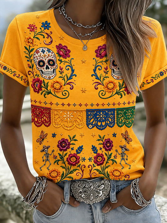 Camiseta mexicana de la impresión del arte de los elementos culturales muertos del día de las mujeres